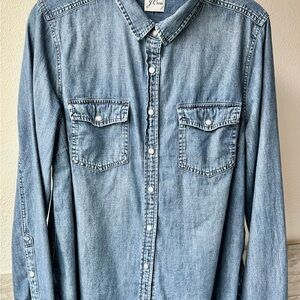 J. Crew Women’s Slim Fit Chambray Blue Denim Pearl Snap Western Shirt Sz L